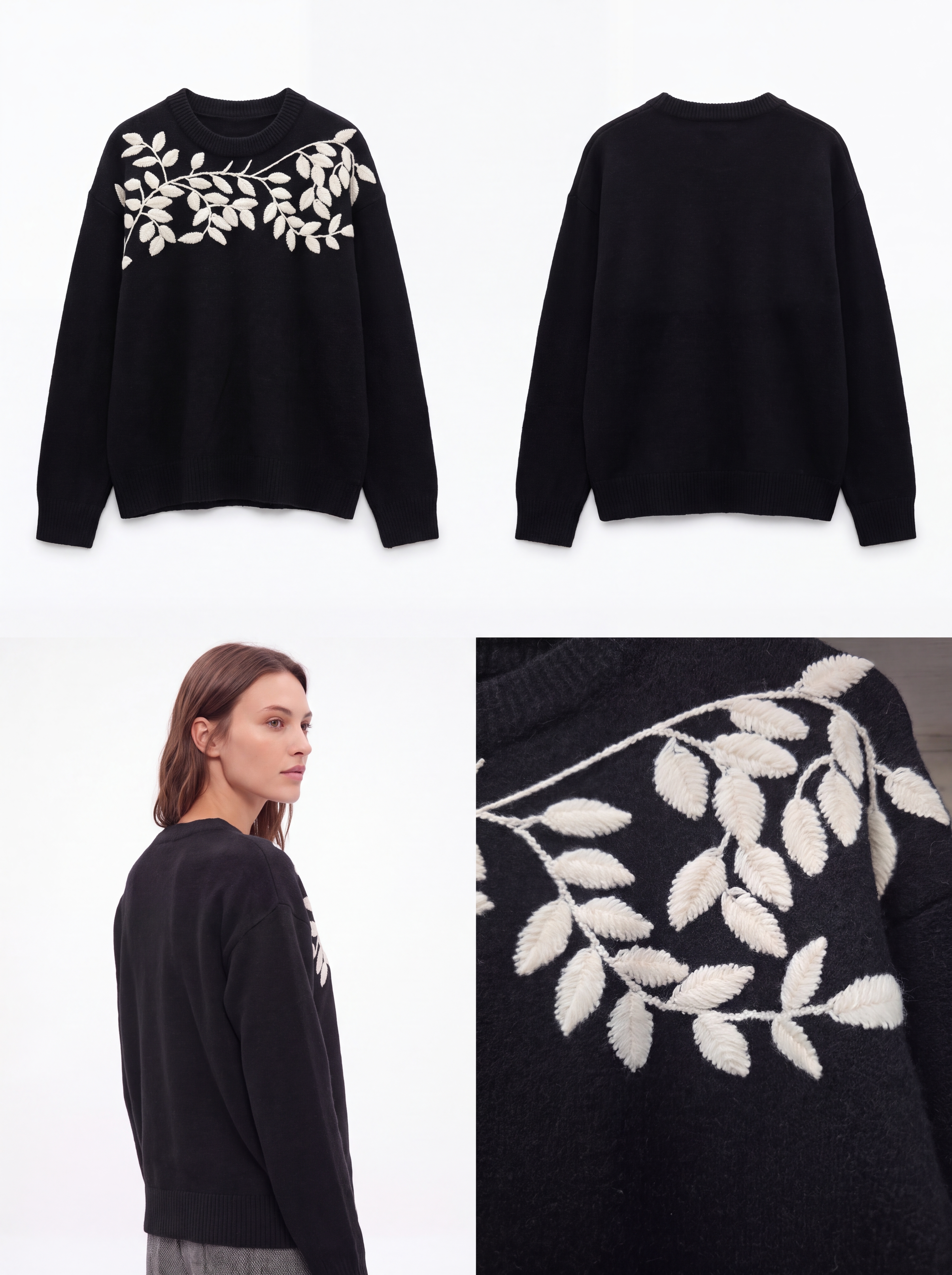 Dámsky pulóver s výšivkou a vetvičkami BLACK Čierny s.WEAR 5